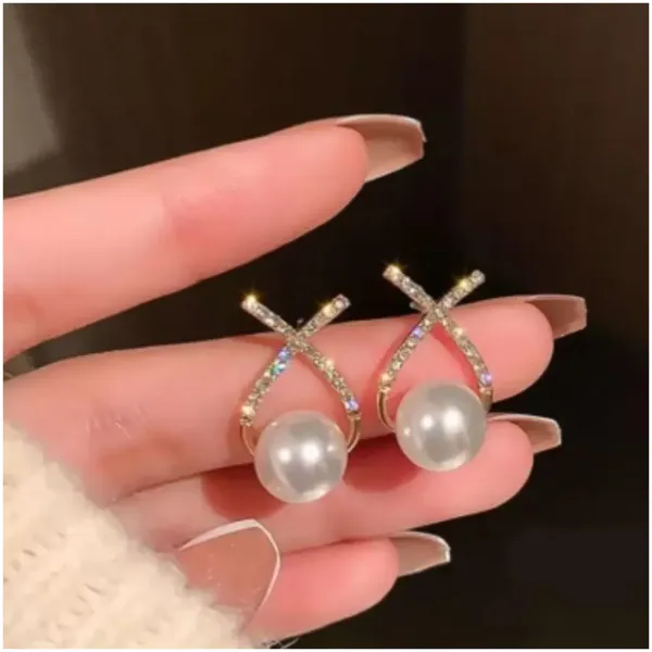 Korean Studded Cross Pearl Stud Earrings - Image 2