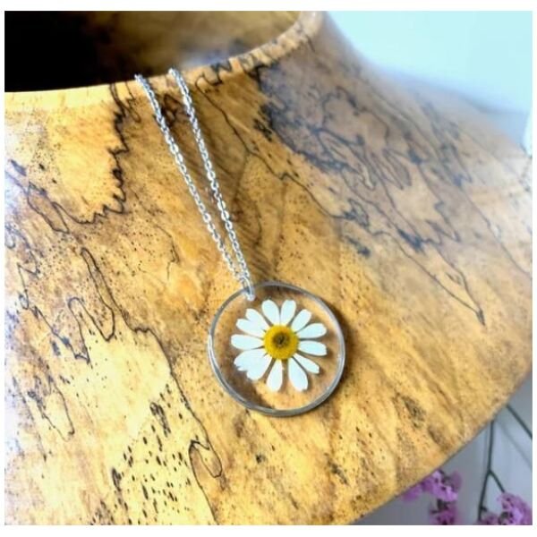 Natural White Daisy Preserved In Resin Pendant For Men & Women - Image 3