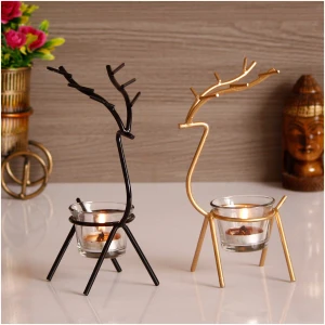 Ecraftindia Set Of 2 Deer Shape Decorative Handcrafted Metal Tea Light Holder