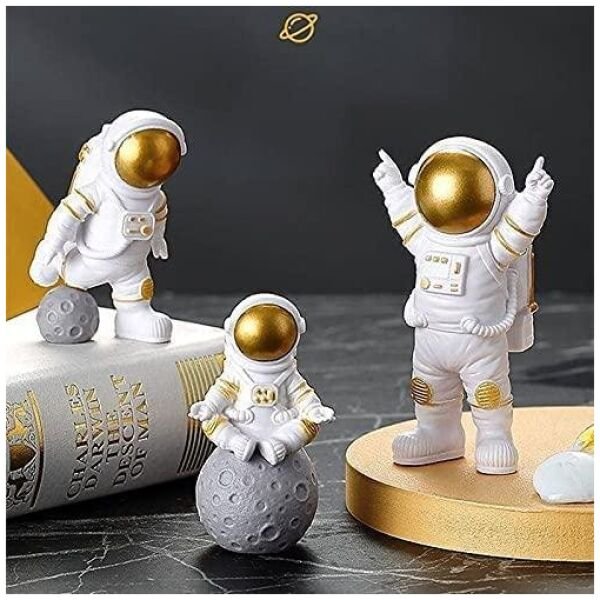 Astronaut Spaceman Statue Ornament Home Office Desktop Figurine Decors Set Of 3 Golden - Image 4