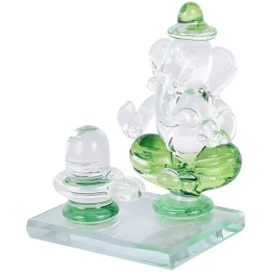 Crystal Ganesh Idol With Shivling Design Divine Car Dashboard Showpiece 6.5 Cm (Crystal, Green)