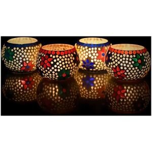 CraftIndia Set of 4 Mosaic Glass Decorative Tea Light Holder