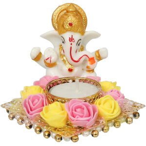 CraftIndia Lord Ganesha Idol on Decorative Plate with Tea Light Holder
