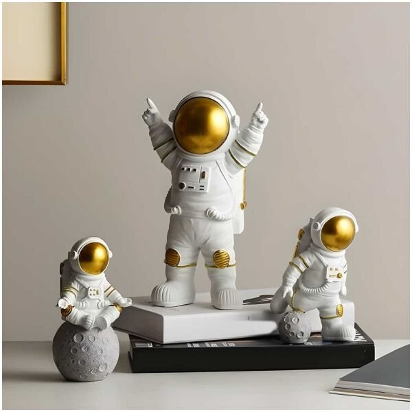 Astronaut Spaceman Statue Ornament Home Office Desktop Figurine Decors Set of 3 - Golden - Image 2