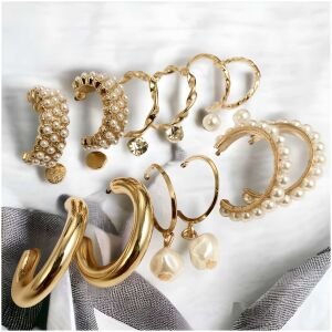 Avr Jewels Combo Of 9 Stunning Gold Plated Pearl Studs And Hoop Earrings