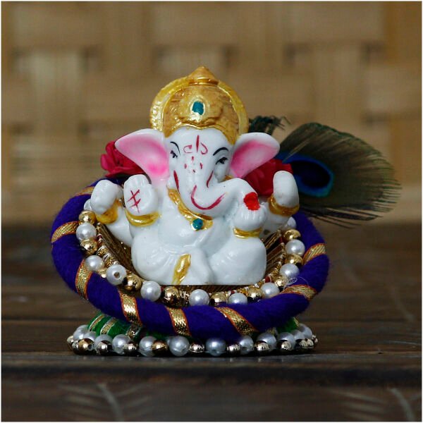 CraftIndia Lord Ganesha Idol on Decorative Handcrafted Floral Plate for Home and Car - Image 2