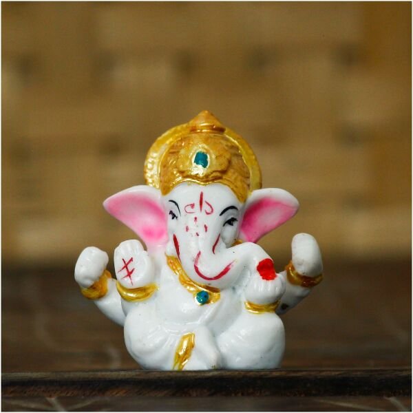 CraftIndia White Lord Ganesha Idol with Golden Mukut