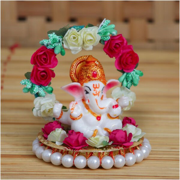 CraftIndia Lord Ganesha Idol on Decorative Handcrafted Plate with Throne of Colorful Flowers - Image 2