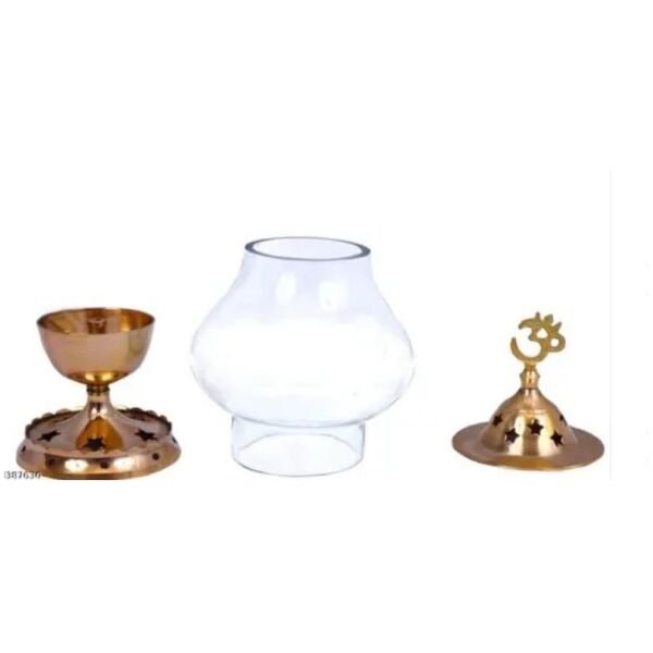 Brass Akhand Diya with Borosilicate Glass for Puja Home Temple Oil Lamp Tea Holder - Image 2