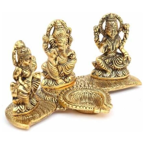 Design Gold Plated Lakshmi Ganesh Saraswati Idol With Deepak Showpiece - Image 4