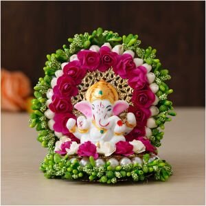 CraftIndia Lord Ganesha Idol on Decorative Handcrafted Green Floral Plate for Home and Car