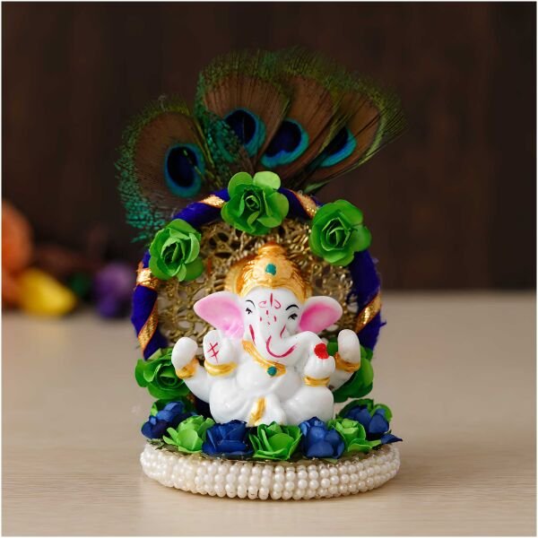 CraftIndia Lord Ganesha Idol on Decorative Handcrafted Floral Plate with Peacock Feather for Home and Car - Image 2