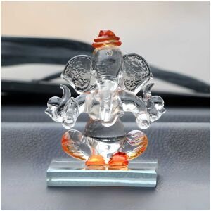 CraftIndia Orange and Transparent Double Sided Crystal Car Ganesha Showpiece