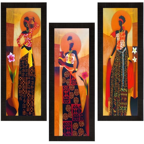 CraftIndia Set Of 3 Tribal Village Ladies Satin Matt Texture UV Art Painting - Image 2