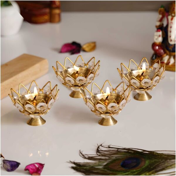 CraftIndia Set of 4 Lotus Shape Crystal Tea Light Holder - Image 2