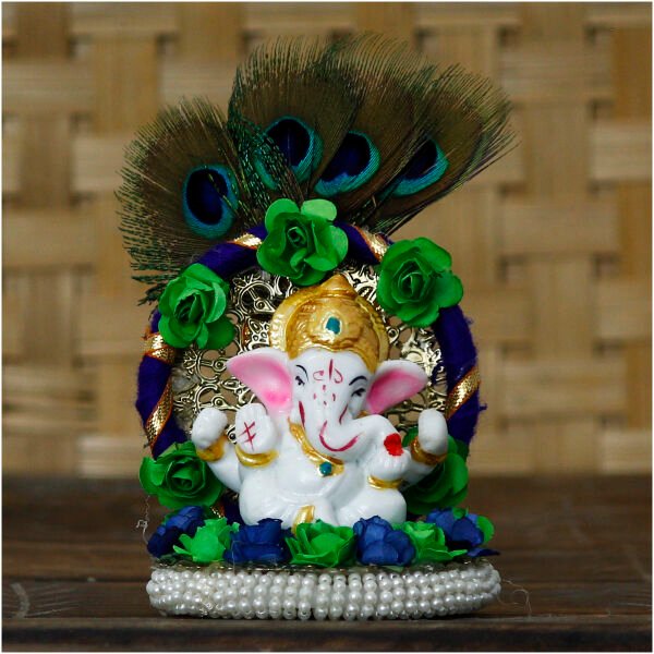 CraftIndia Lord Ganesha Idol on Decorative Handcrafted Floral Plate with Peacock Feather for Home and Car