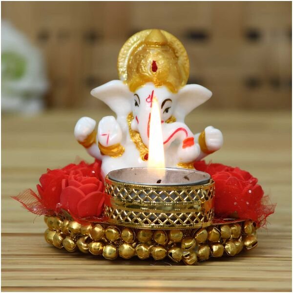 CraftIndia Lord Ganesha Idol on Decorative Plate with Tea Light Holder