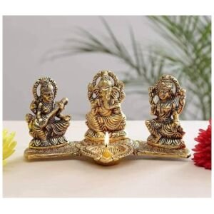 Design Gold Plated Lakshmi Ganesh Saraswati Idol With Deepak Showpiece