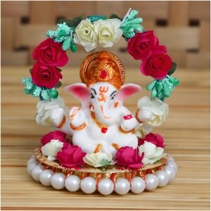 CraftIndia Lord Ganesha Idol on Decorative Handcrafted Plate with Throne of Colorful Flowers