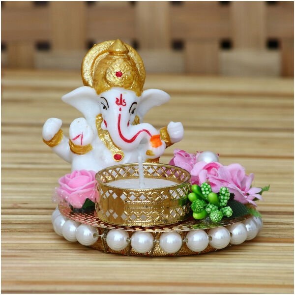 CraftIndia Lord Ganesha Idol on Decorative Plate with Tea Light Holder - Image 2