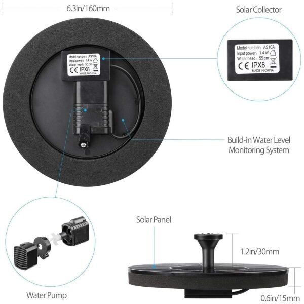 Fountain Solar Power Floating Water Pump For Pool Pond Garden and Patio Plants Round 7V 1.4W (Black) - Image 3