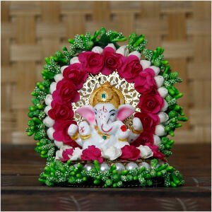 CraftIndia Lord Ganesha Idol on Decorative Handcrafted Green Floral Plate For Home and Car