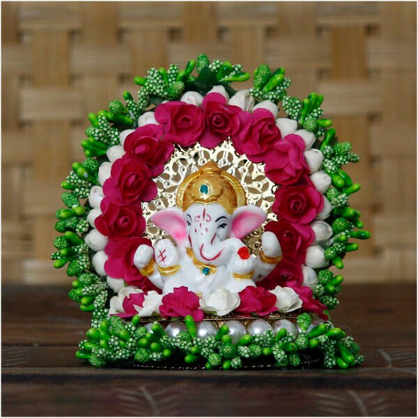 CraftIndia Lord Ganesha Idol on Decorative Handcrafted Green Floral Plate for Home and Car - Image 2