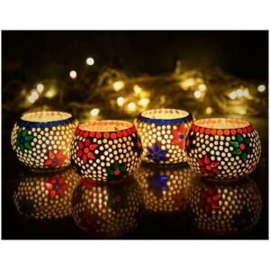 CraftIndia Set of 4 Mosaic Glass Decorative Tea Light Holder