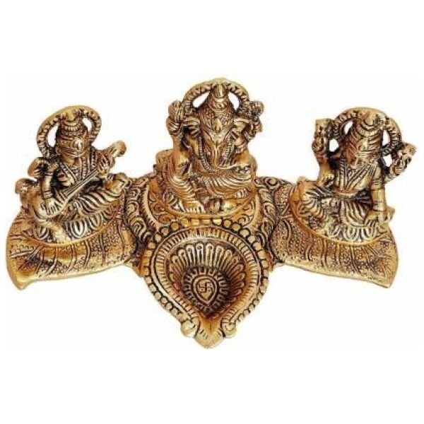 Design Gold Plated Lakshmi Ganesh Saraswati Idol With Deepak Showpiece - Image 2