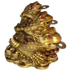 Triple Frog Family With Money Coin & Ingot For Health Wealth Power & Prosperity 10 cm