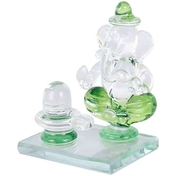 Crystal Ganesh Idol with Shivling Design Divine Car Dashboard Showpiece - 6.5 cm  (Crystal, Green)
