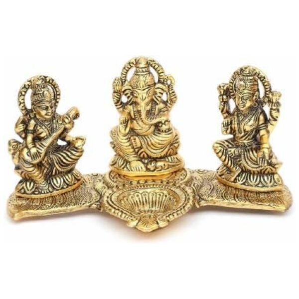 Design Gold Plated Lakshmi Ganesh Saraswati Idol With Deepak Showpiece - Image 3