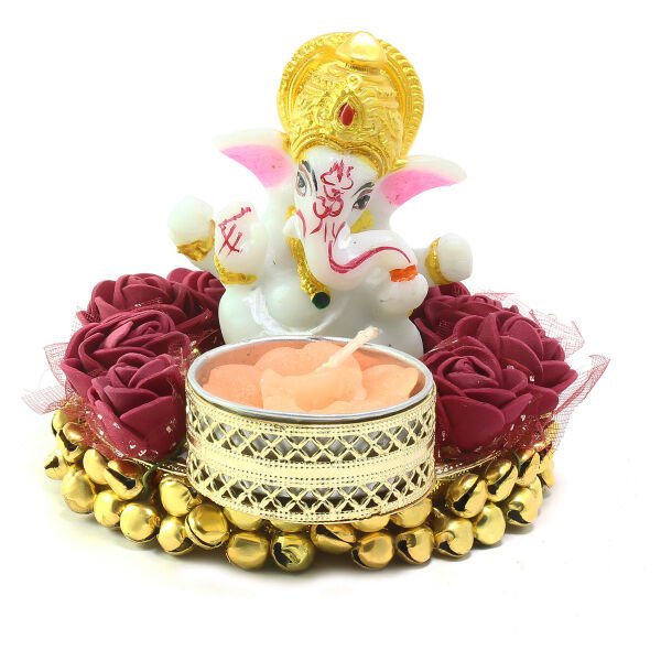 CraftIndia Lord Ganesha Idol on Decorative Plate with Tea Light Holder - Image 2