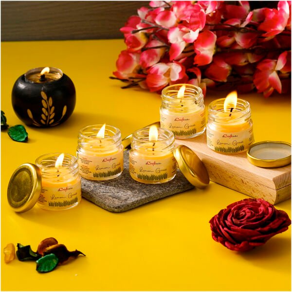 CraftIndia Set of 5 Lemon Grass Scented Minijar Candle - Image 2