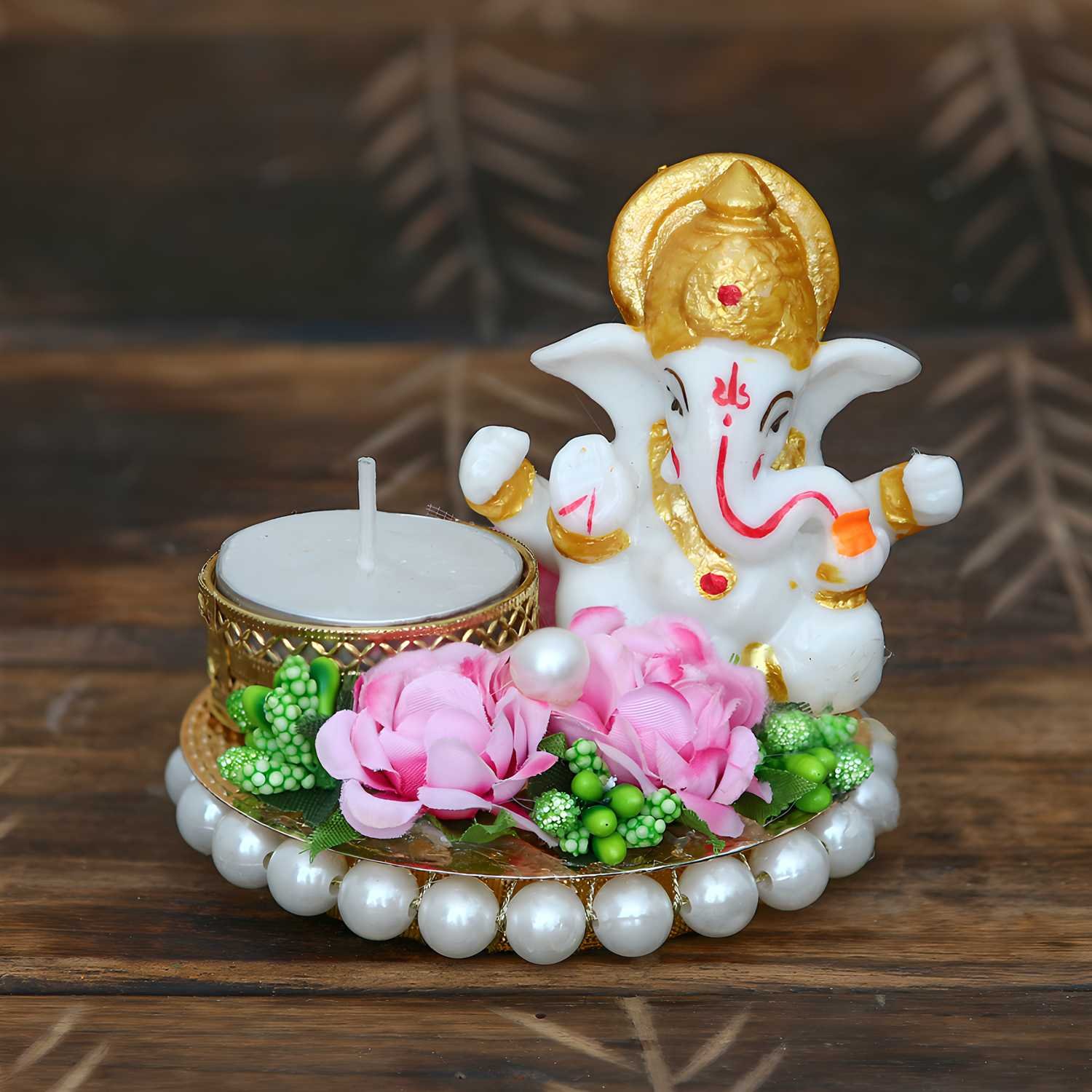 CraftIndia Lord Ganesha Idol On Decorative Plate With Tea Light Holder