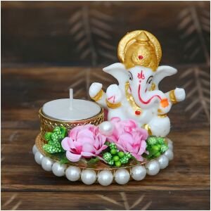 CraftIndia Lord Ganesha Idol on Decorative Plate with Tea Light Holder
