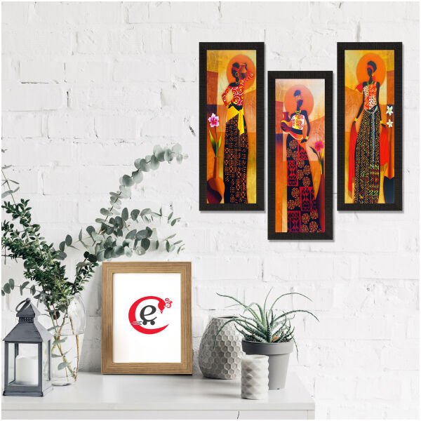 CraftIndia Set Of 3 Tribal Village Ladies Satin Matt Texture UV Art Painting