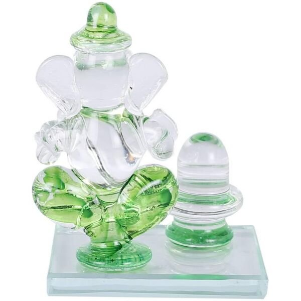 Crystal Ganesh Idol with Shivling Design Divine Car Dashboard Showpiece - 6.5 cm  (Crystal, Green) - Image 2