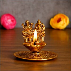 CraftIndia Goddess Laxmi & Lord Ganesha Golden Metal Diya