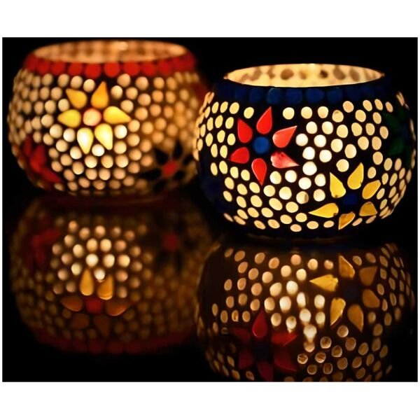 CraftIndia Set of 2 Mosaic Glass Decorative Tea Light Holder - Image 2