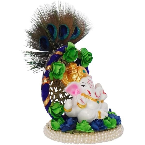 CraftIndia Lord Ganesha Idol on Decorative Handcrafted Floral Plate with Peacock Feather for Home and Car - Image 3