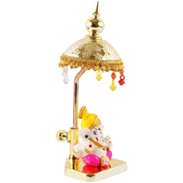 Exquisite Marble Ganesh with Umbrella Elegant Idol Decorative Showpiece - 20 cm (Polyresin, Multicolor)