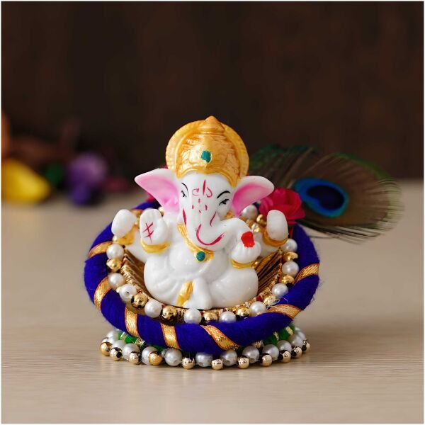 CraftIndia Lord Ganesha Idol on Decorative Handcrafted Floral Plate for Home and Car - Image 2