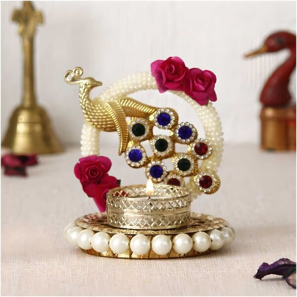 CraftIndia Metal Peacock With Stones Handcrafted Tea Light Holder