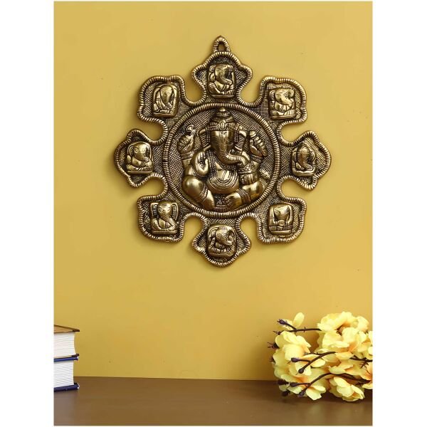 CraftIndia 9 variants of Lord Ganesha Golden Metal Wall hanging - Image 2