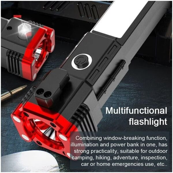 Portable LED Flashlight Multifunctional Work Light Power Bank Emergencies Safety Hammer Waterproof with Sidelight 4 Light Modes for Car Outdoor Camping Hiking Adventure Inspection Red yunfu - Image 3