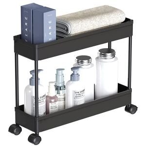 2 Tier Multipurpose Plastic Storage Organizer Slim Rack Shelf with Wheels Slim Slide Out Kitchen Trolley Rack Holder