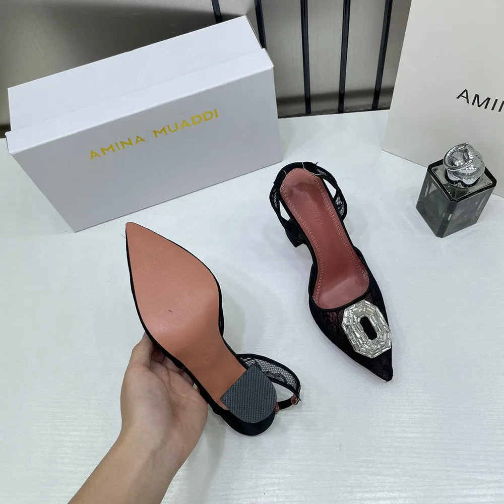 Amina Muaddi Camelia Crystal Embellished Lace Slingback Black & White Heels For women (LAB864) - Image 2