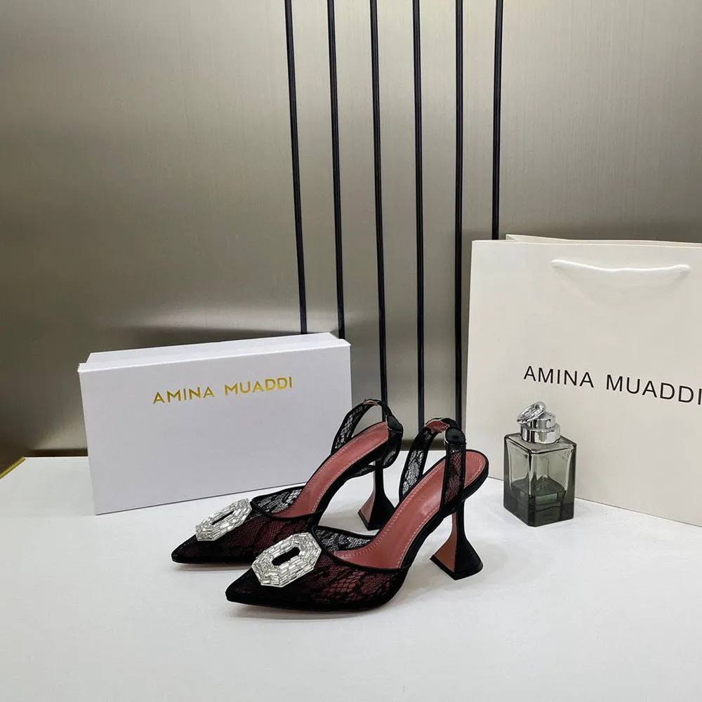 Amina Muaddi Camelia Crystal Embellished Lace Slingback Black & White Heels For women (LAB864) - Image 5